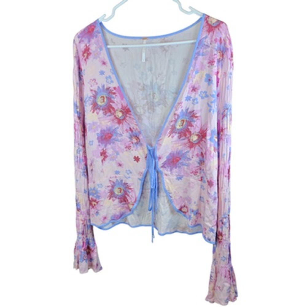 Free People Cardigan Womens Large Boho Smocked Sleeve Tie Front‎ Floral Sweater